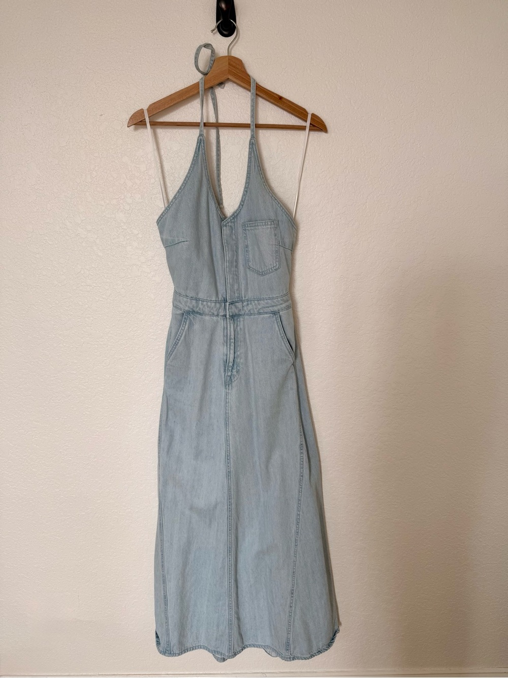 Light Wash Denim Maxi Dress with Pockets/ Spaghetti Straps